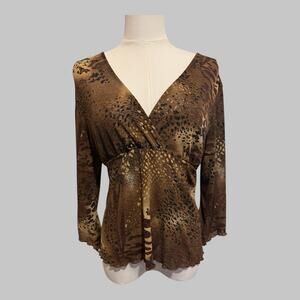 Y2K Babydoll Brown Leopard Wide Sleeve Top Lettuce Trim Fairy Grunge Mob Wife PL